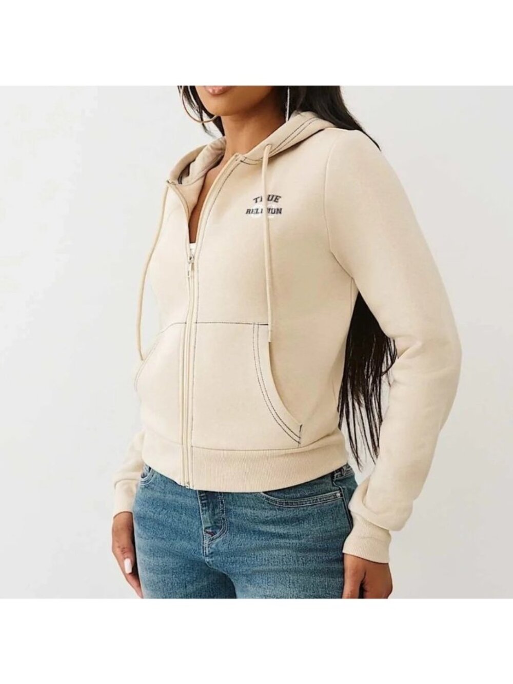 NWT True Religion Contrast Stitch Zip Hoodie, Beige & Navy, Size XL
